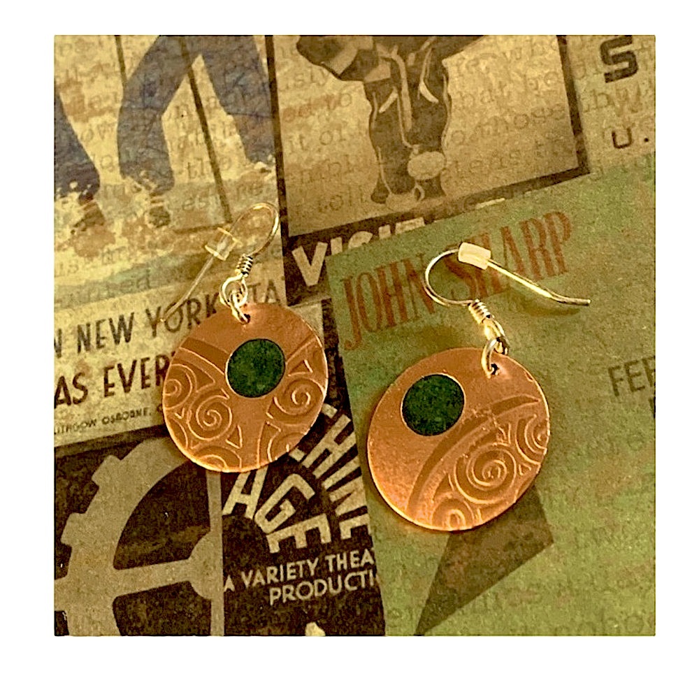 Embossed Design Copper Metal Tone Disc Jade Tone Circle Womans Earrings Jewelry